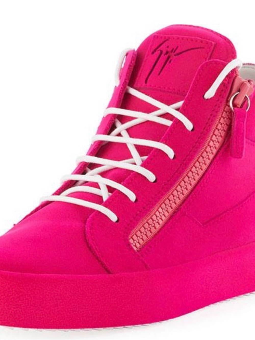 Giuseppe Zanotti Flocked Hot Pink High-Top Sneaker with White Laces